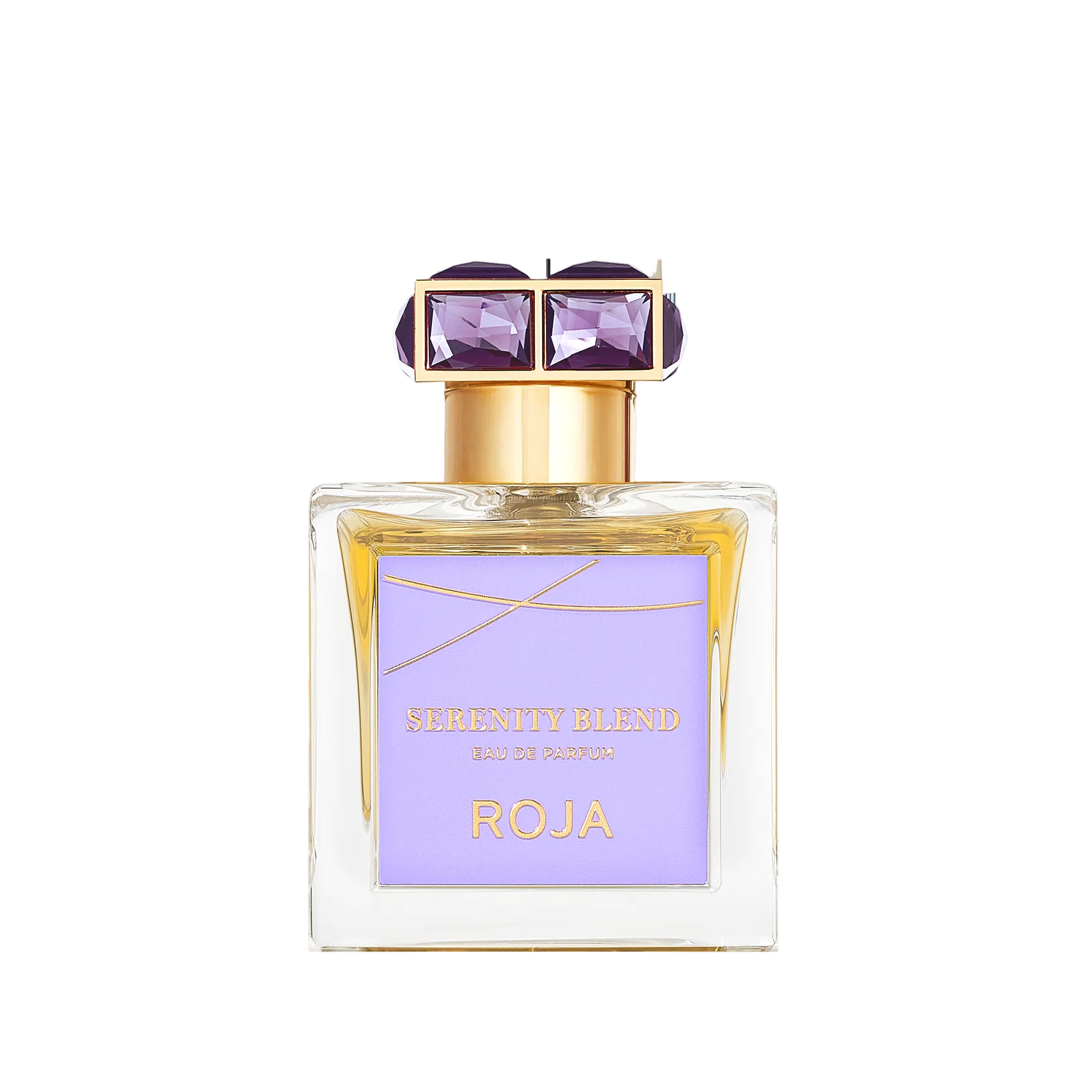 Perfume bottle with purple cap and label on a white background