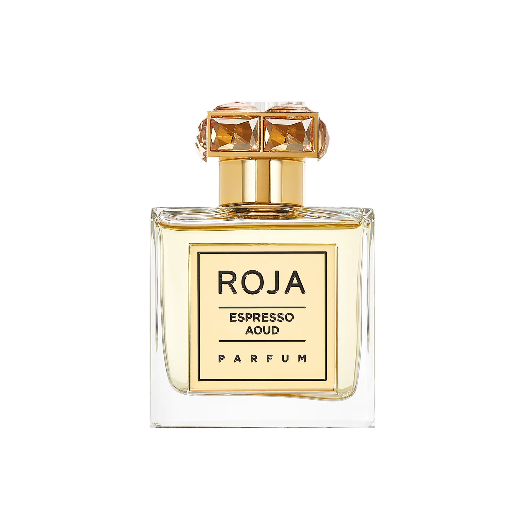 Roja Parfum bottle with gold cap on a white background