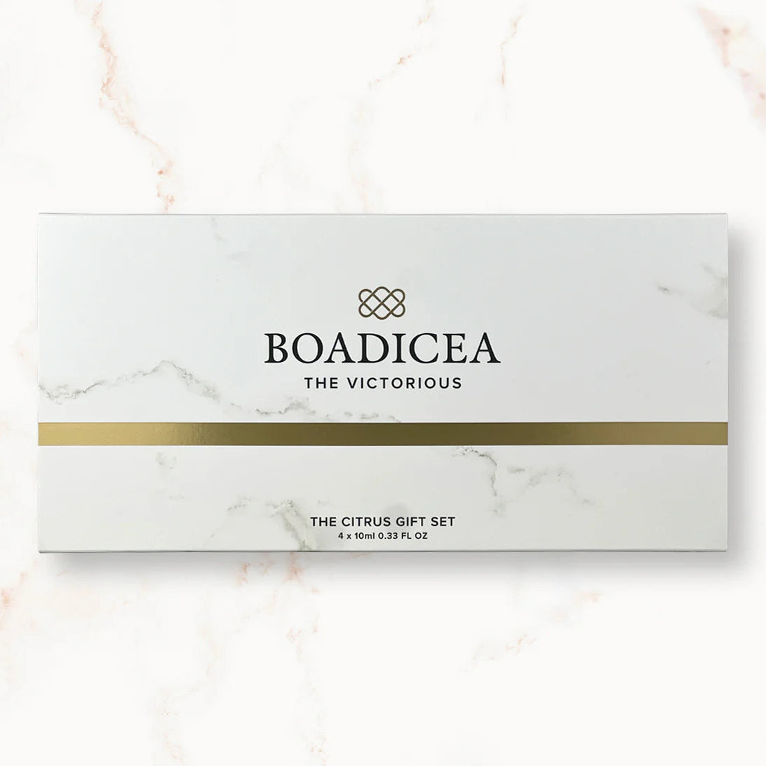 Boadicea The Victorious gift set packaging on a marble surface