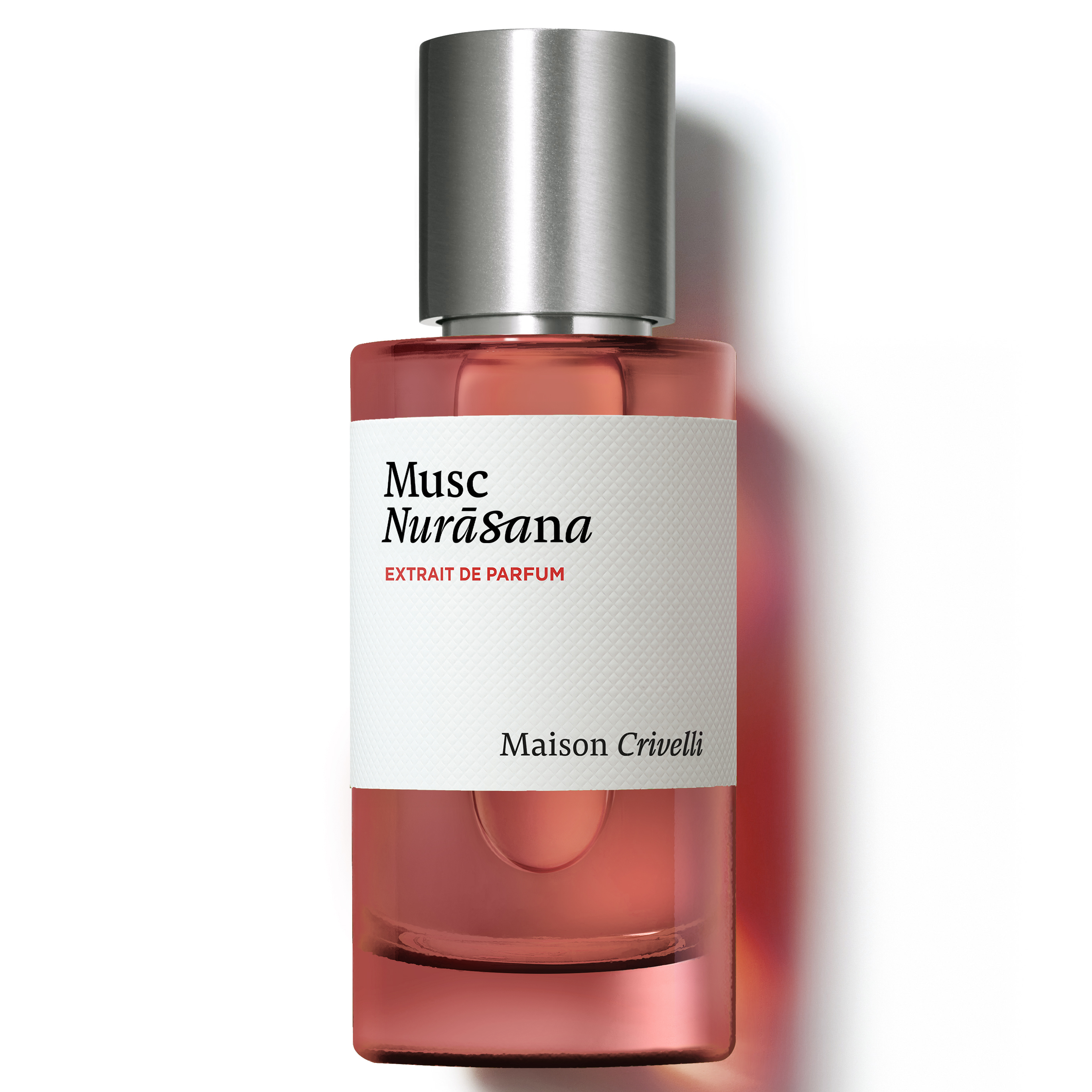 Perfume bottle labeled 'Musc Nurásana' by Maison Crivelli on a white background