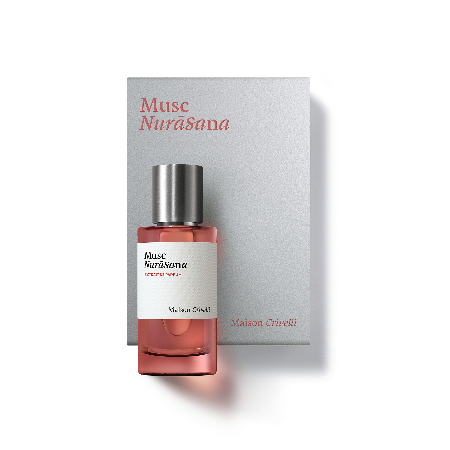Perfume bottle labeled 'Musc NuraSana' by Maison Crivelli on a white background