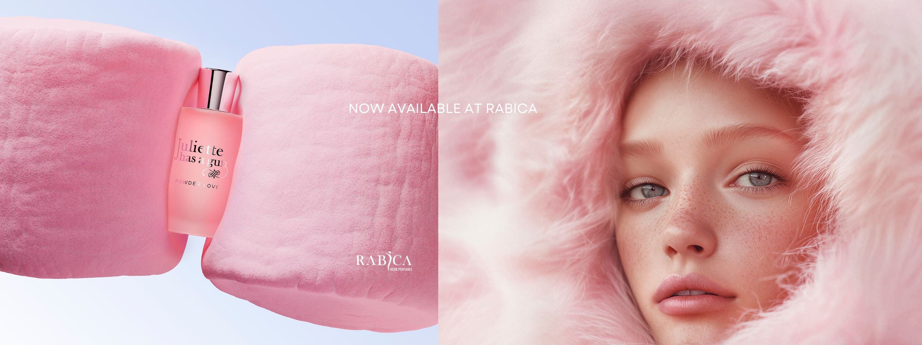 Pink cosmetic product with a fluffy pink hood on a light blue background