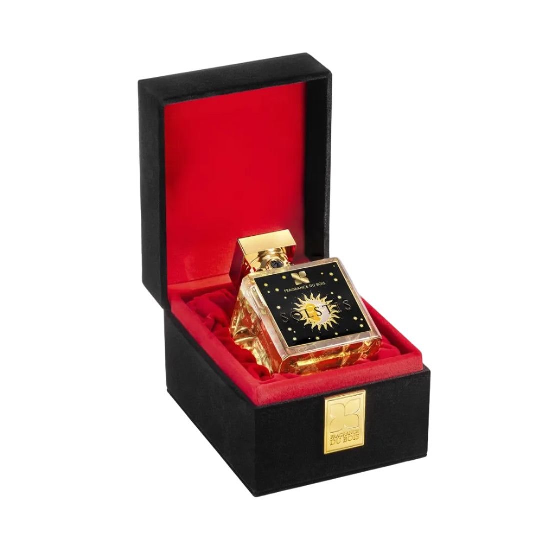 Gold perfume bottle with black cap in a black box with red interior on a light gray background