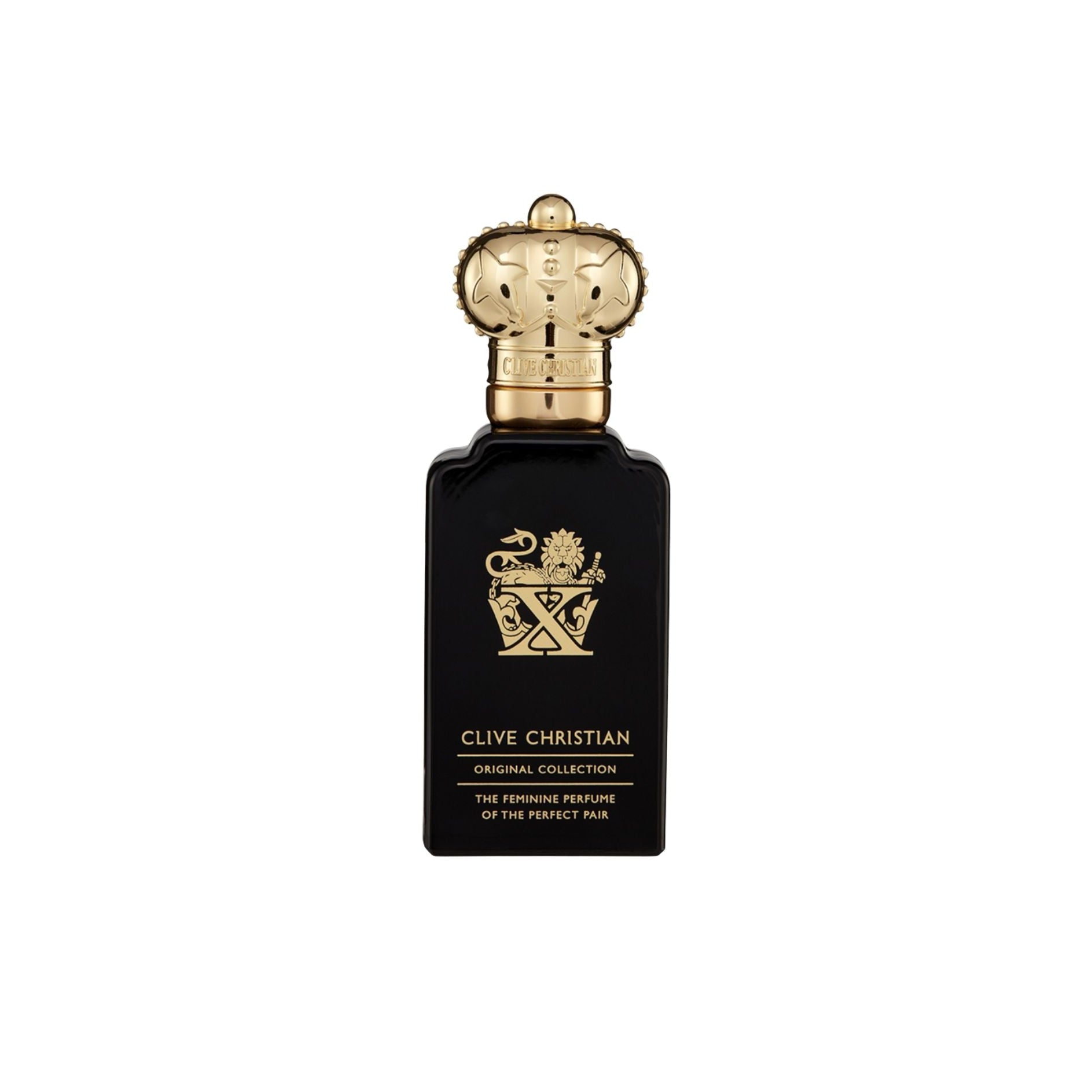 Clive Christian perfume bottle with gold cap on a white background