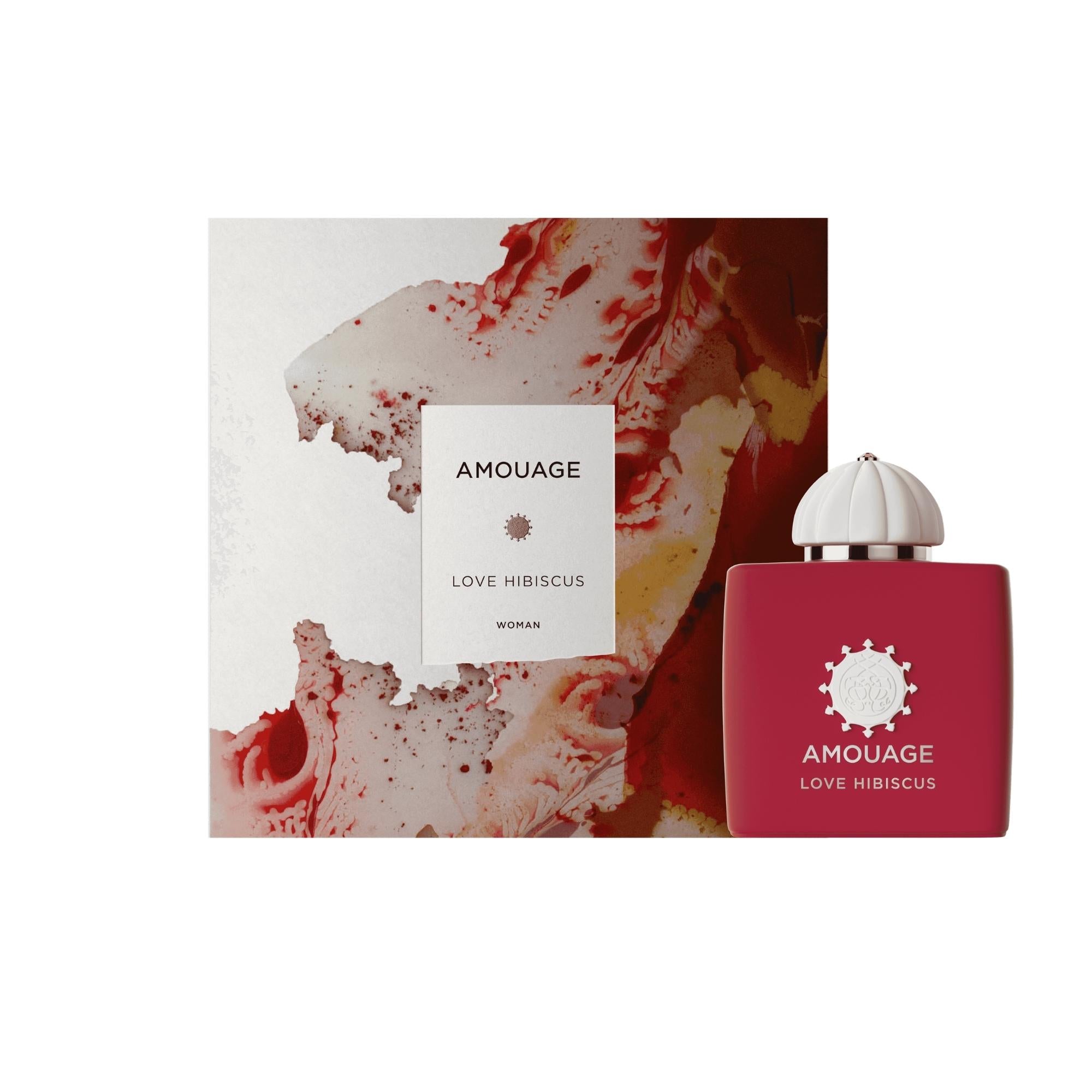 Amouage Love Hibiscus perfume bottle and packaging on a white background