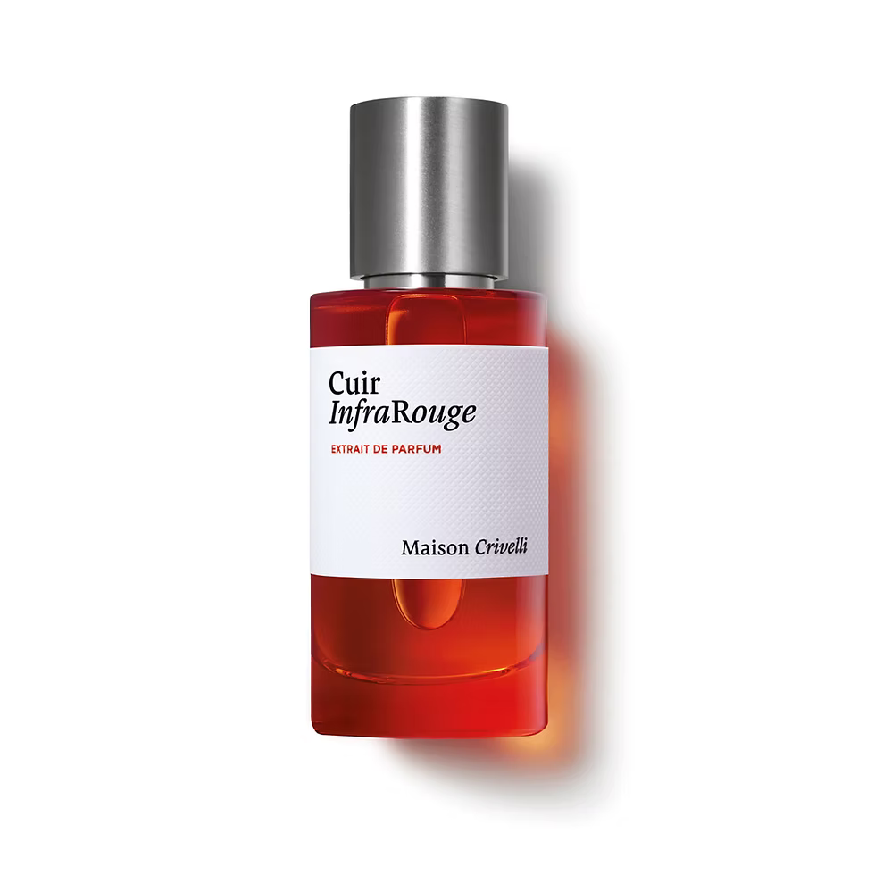 Perfume bottle labeled 'Cuir InfraRouge' by Maison Crivelli on a white background