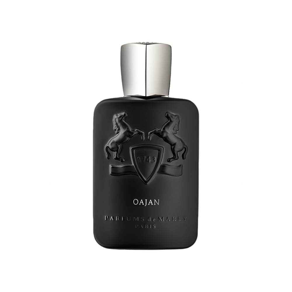 A black bottle of Parfums De Marly Oajan eau de parfum with a white cap and engraved animals on the front.