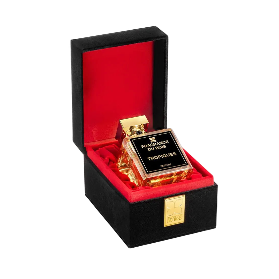 Perfume bottle in a black and red box on a light gray background