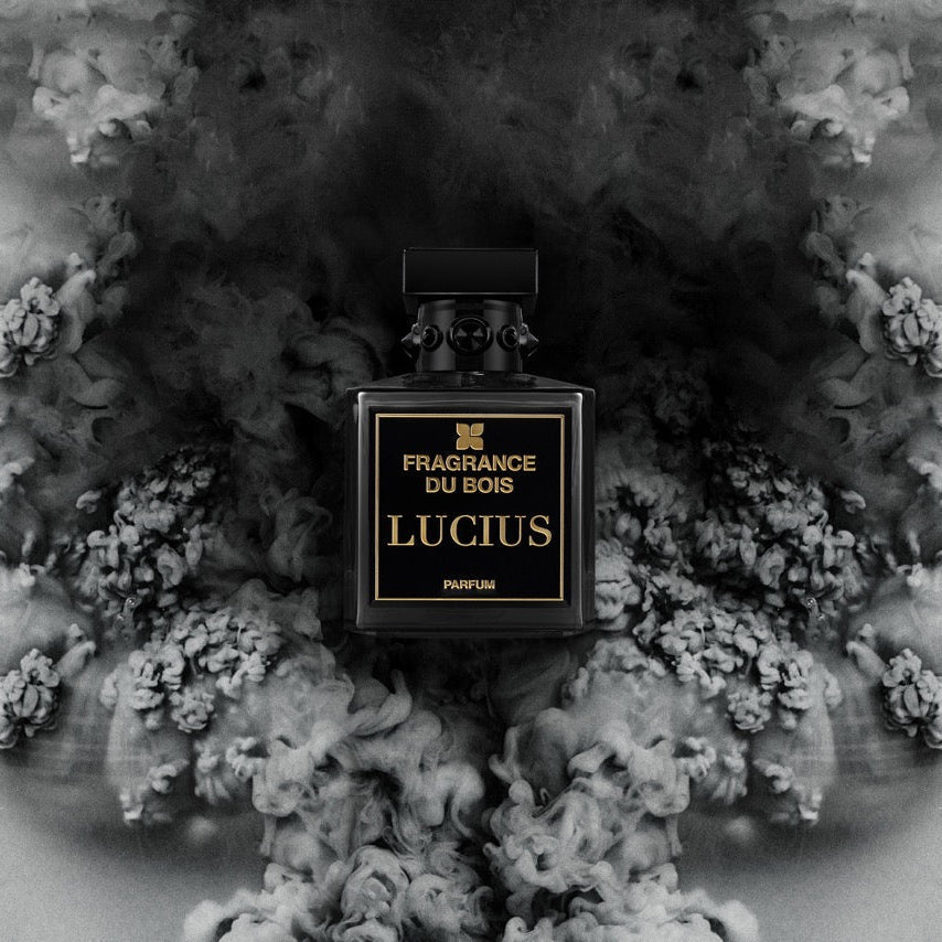 A black rectangular perfume bottle labeled 'FRAGRANCE DU BOIS LUCIUS' centered against a dramatic black-and-white smoke background.