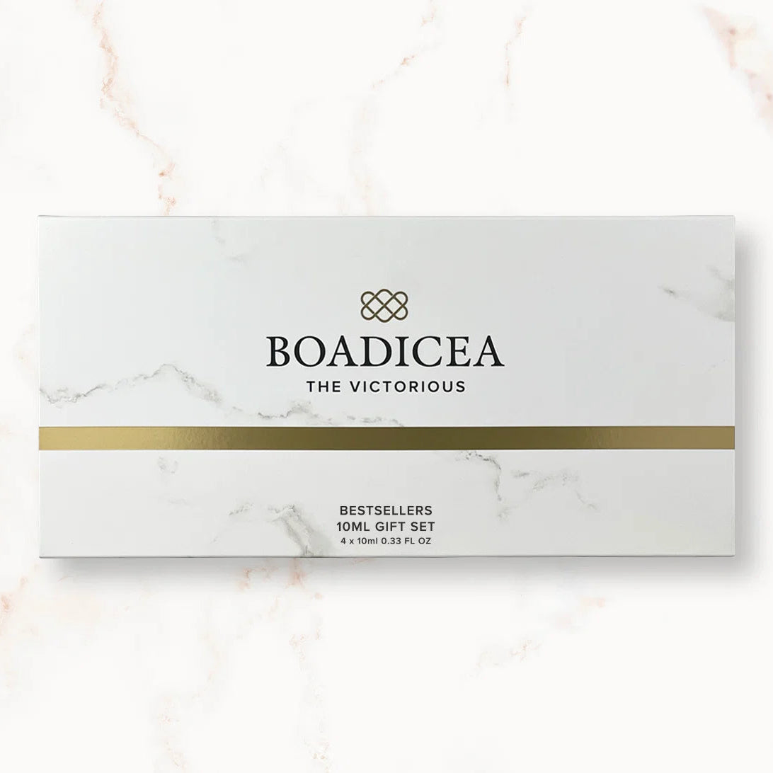 Boadicea gift set packaging on a marble surface