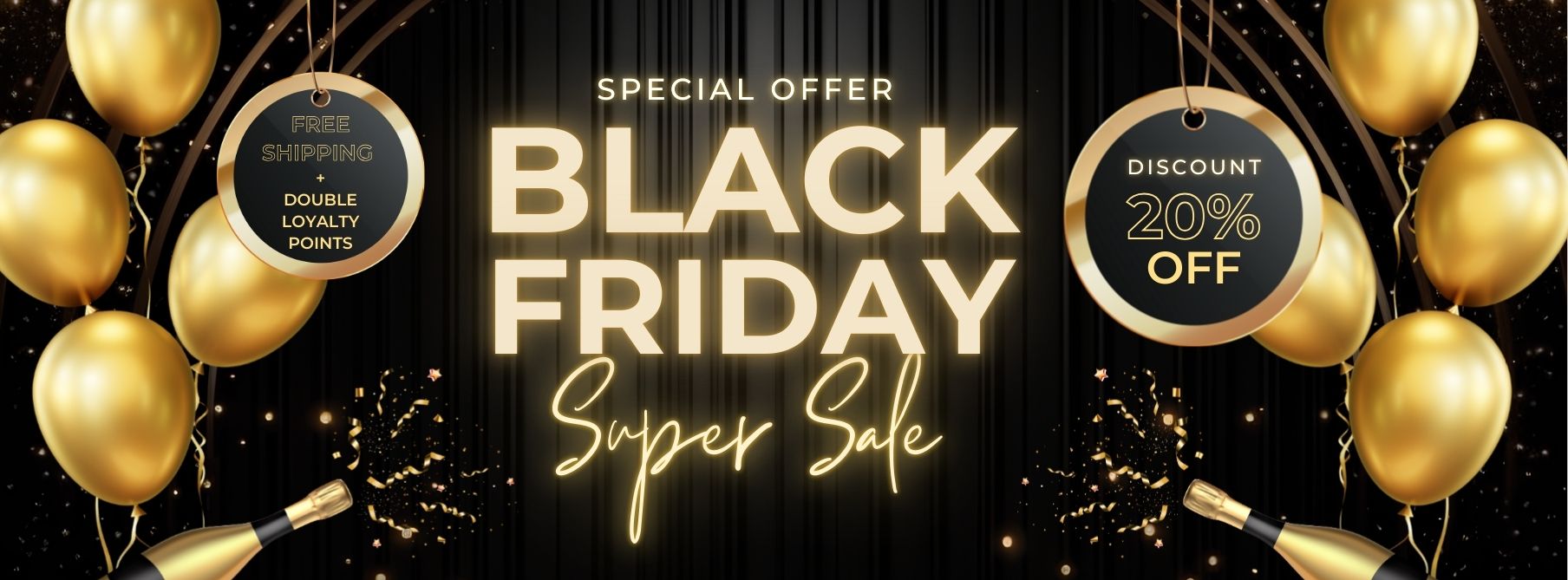 Black Friday sale banner with gold balloons and discount tags on a black background