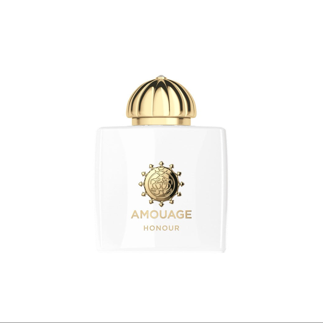 Amouage Honour perfume bottle with gold cap on a white background