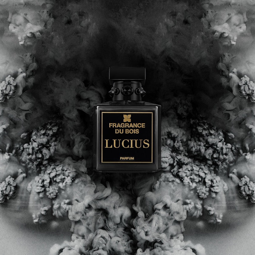A black rectangular perfume bottle labeled 'FRAGRANCE DU BOIS LUCIUS' centered against a dramatic black-and-white smoke background.