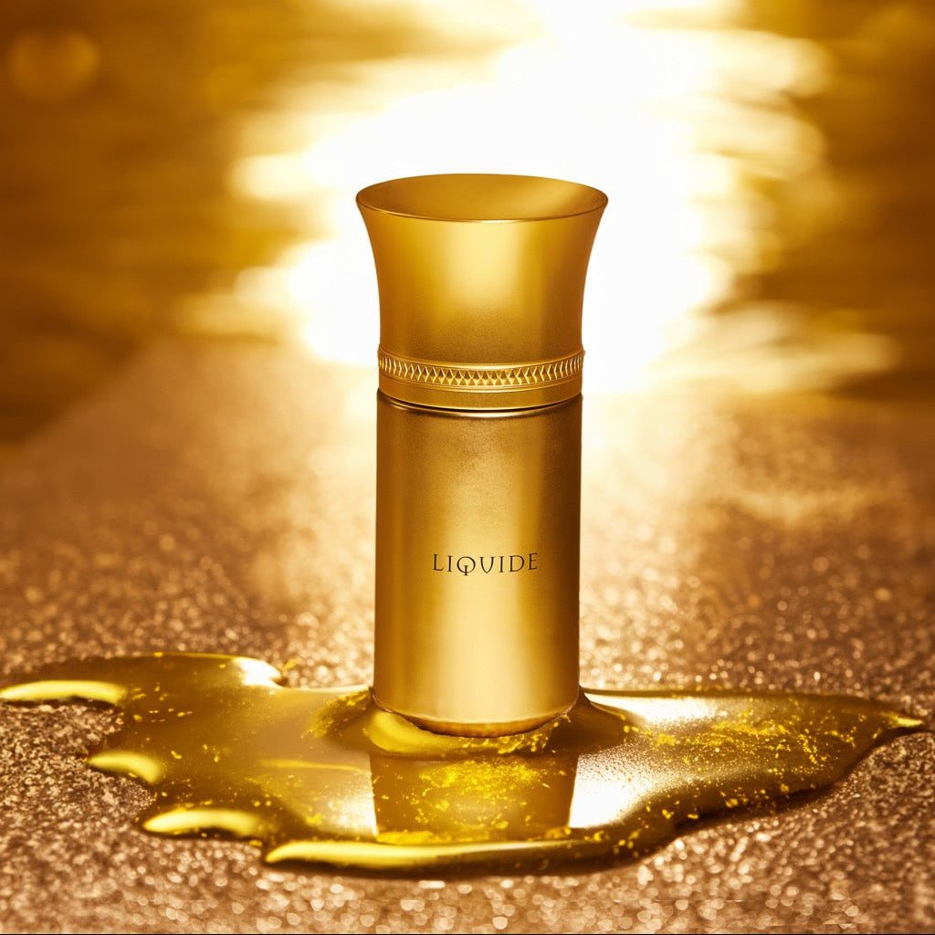 Gold bottle labeled 'LIQUIDE' on a reflective gold surface with a blurred light background