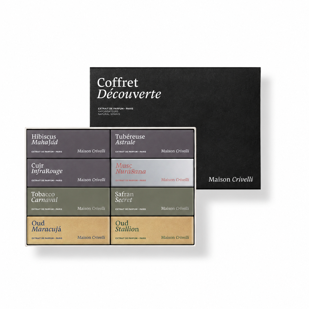 Maison Crévelli Coffret Découverte box set featuring a black outer box and two smaller flavor boxes in dark gray, olive green, and tan, displayed on a white background.