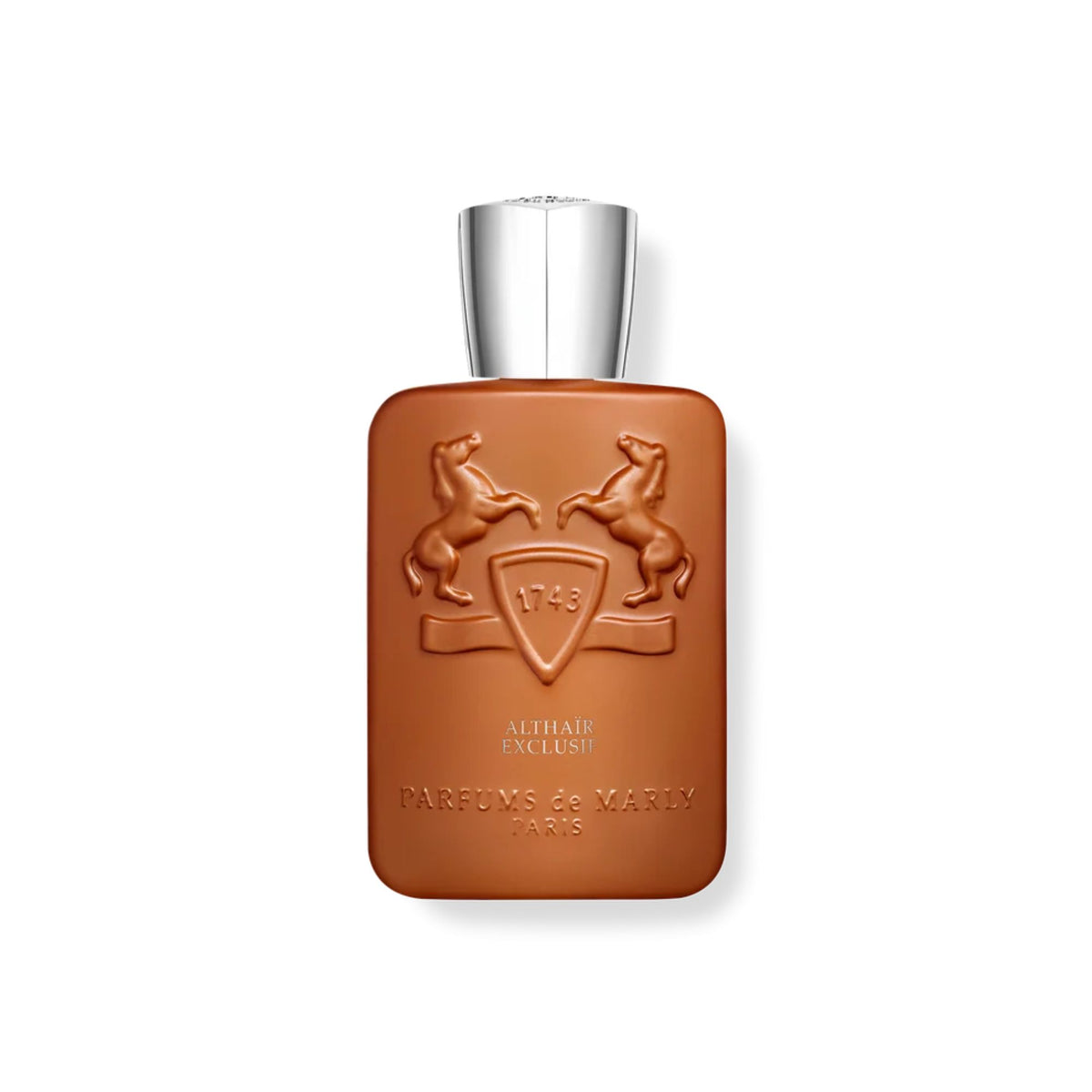 A rectangular brown leather-like bottle with a silver cap, featuring embossed horse and shield crest details with the text 'ALHAIRE EXCLUSIVE' and 'PARFUMERIE MARLY PARIS' on a plain white background.