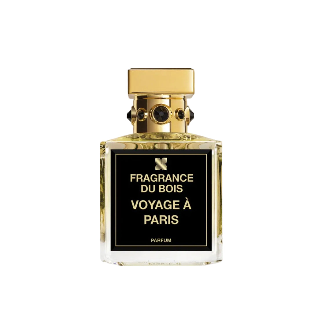 Perfume bottle with gold cap and black label on a light gray background