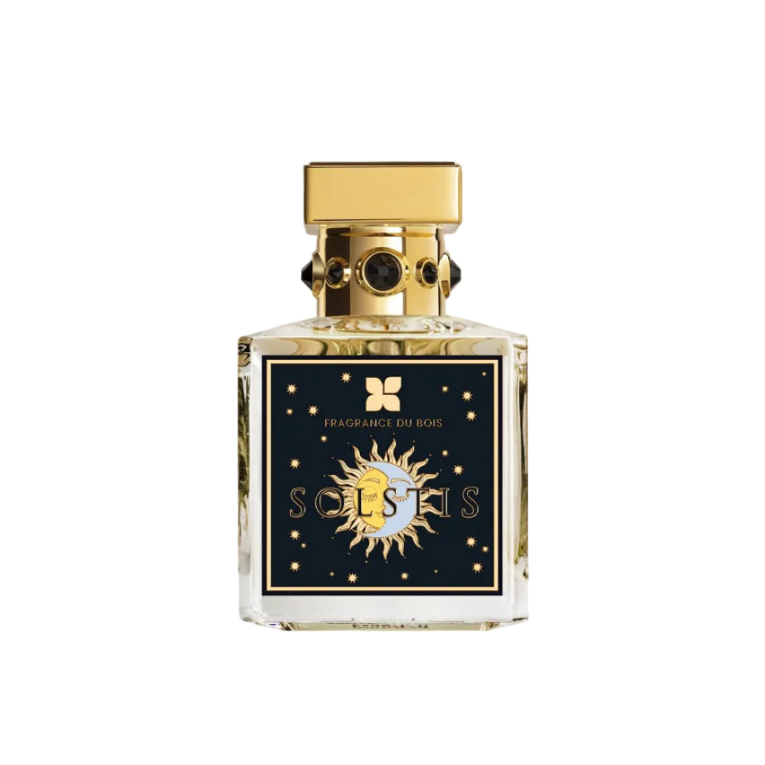 A square glass perfume bottle with a gold cap and a dark navy blue label featuring a gold sun and stars, labeled 'Soleil' by Fragrance du Roi.