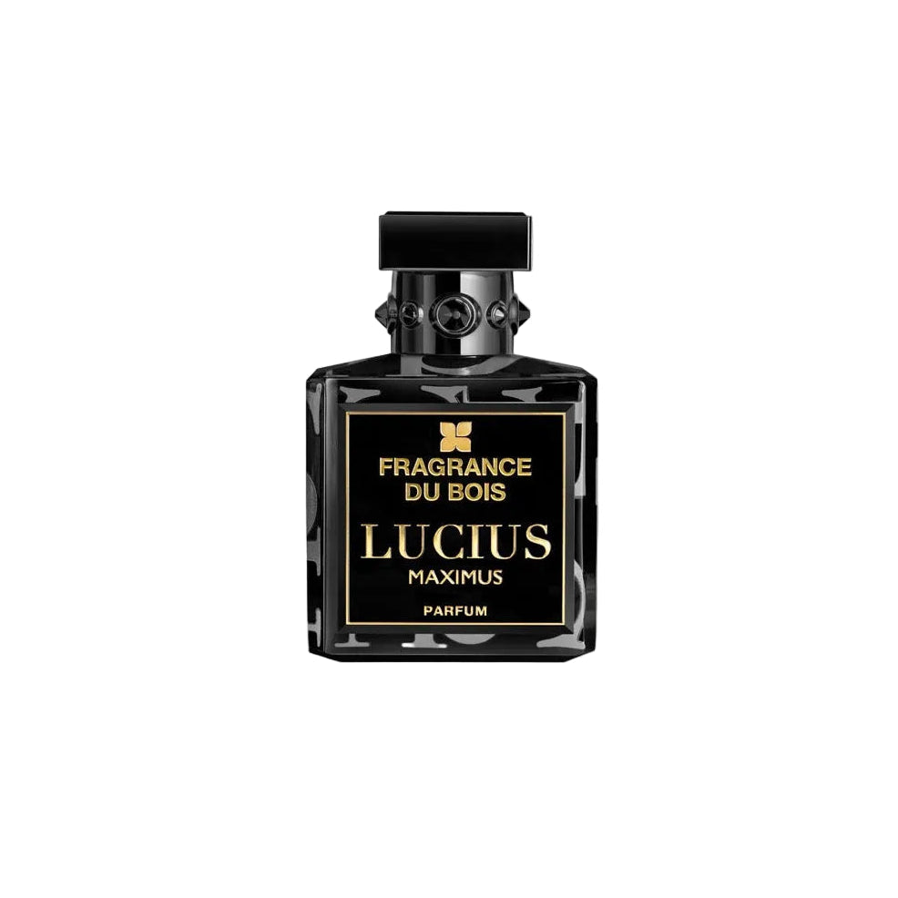 A black glass perfume bottle with a black cap and a black label featuring gold lettering that reads 'Fragrance du Bois Lucius Maxmus Parfum'. The bottle is centered on a clean, light gray gradient background.