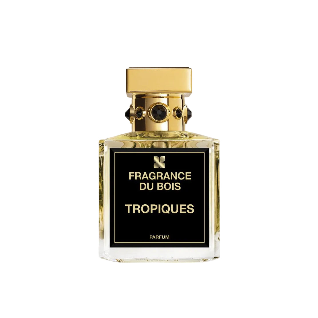 A luxury perfume bottle with a gold cap and a black label featuring gold lettering that reads 'FRAGRANCE DU BOIS TROPIQUES PARFUM'.