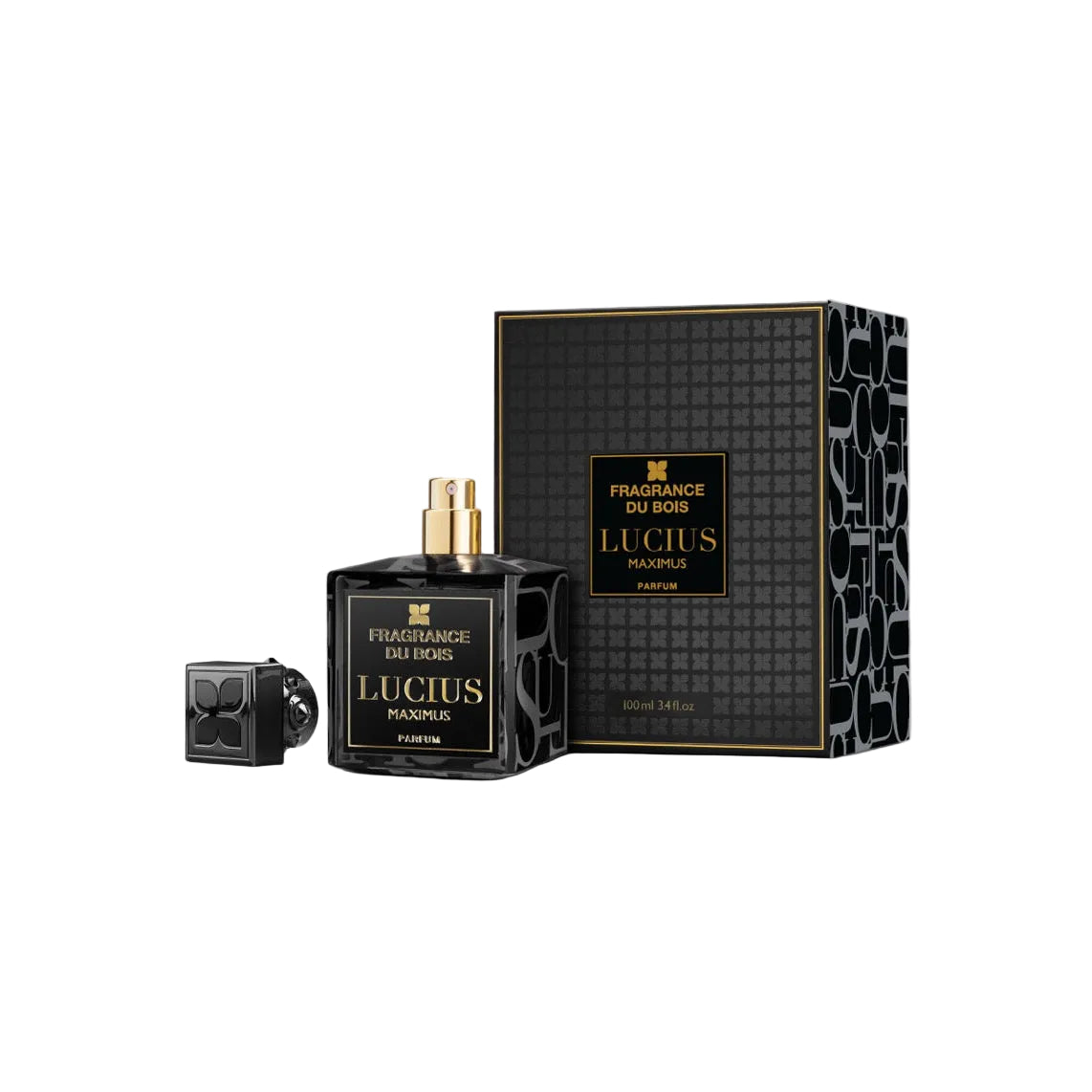 Perfume bottle and packaging with 'Lucius' branding on a light gray background
