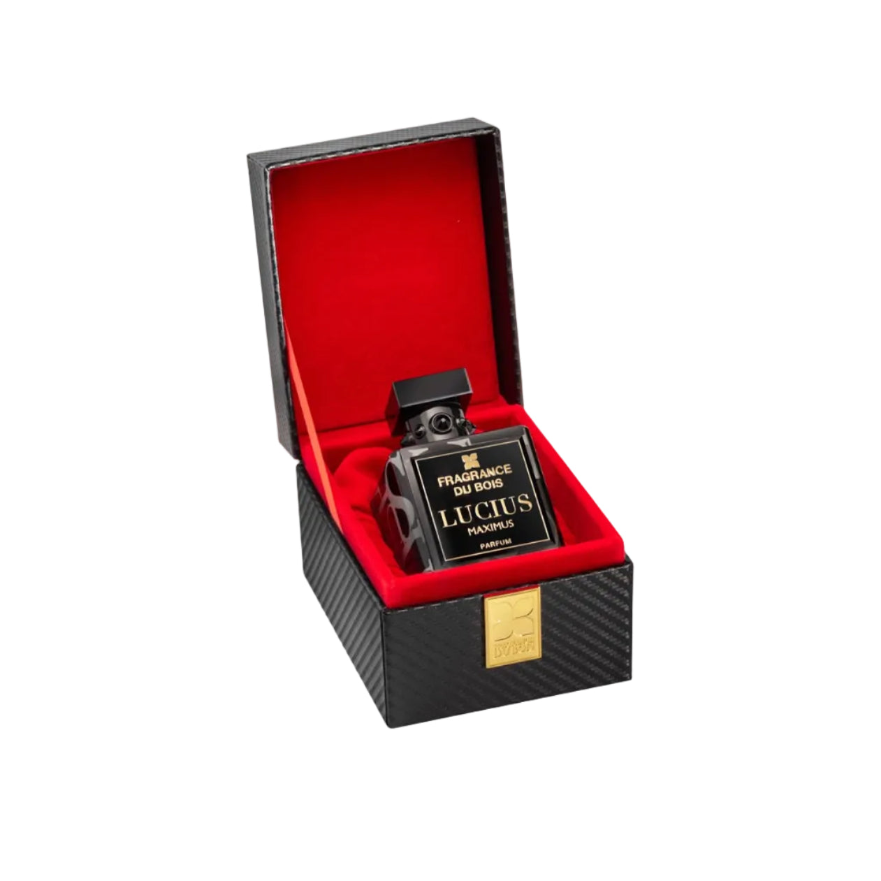 A luxury perfume bottle labeled 'Lucius Aromas' presented inside an open black textured box with a red velvet interior and a gold plaque, on a light gray background.