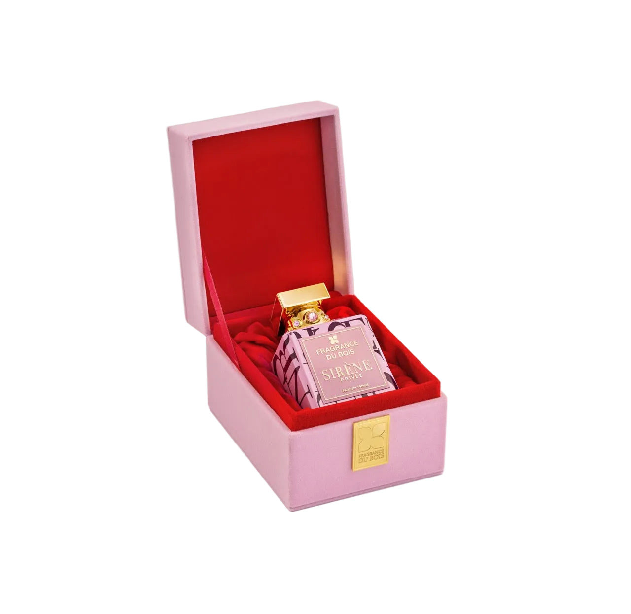 A perfume bottle labeled 'SIRENE' by 'PARFUMERIE DES ILEES' presented inside an open pink box with a red interior and a gold plaque on the front, photographed on a light gray studio background.